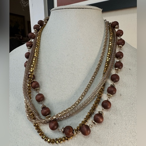 Wooden bead and multi goldtone chain necklace - Picture 5 of 5